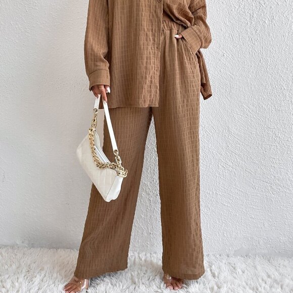 Brown Casual Women's Solid Drop Shoulder Shirt & Wide Leg Pants - Picture 6 of 6